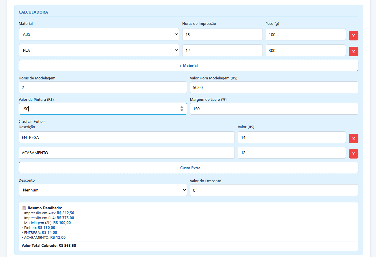 Tela real da Calculadora do System Nina, somando material, modelagem, pintura e custos extras