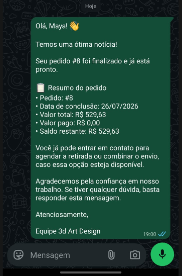 Mensagem de WhatsApp enviada automaticamente avisando que o pedido está pronto